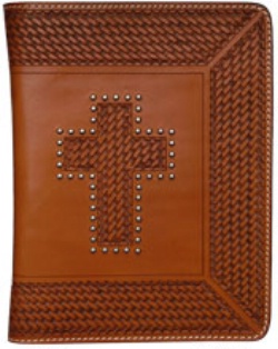 3D Belt Company BI123 Tan Bible Cover with Tooled Cross and Studs